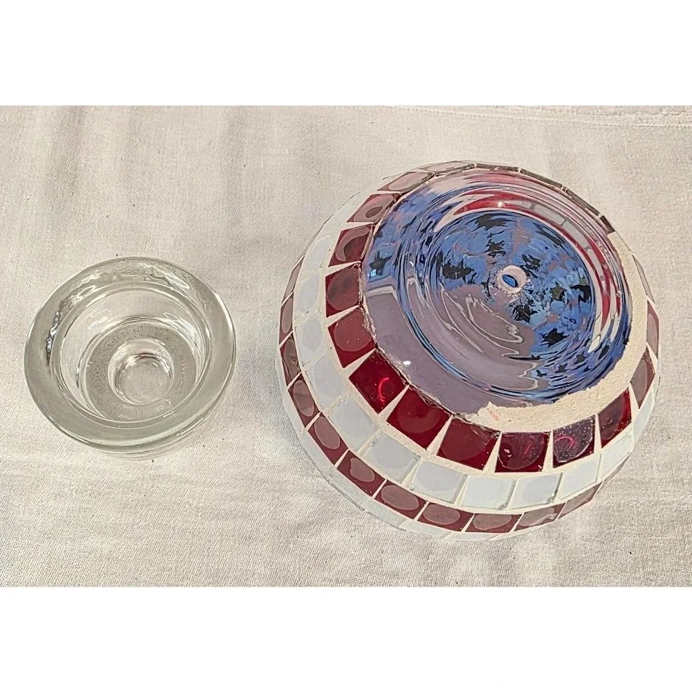 Red White Blue Patriotic Candle Holder Stars & Stripes Mosaic Glass Tile 3 1/2